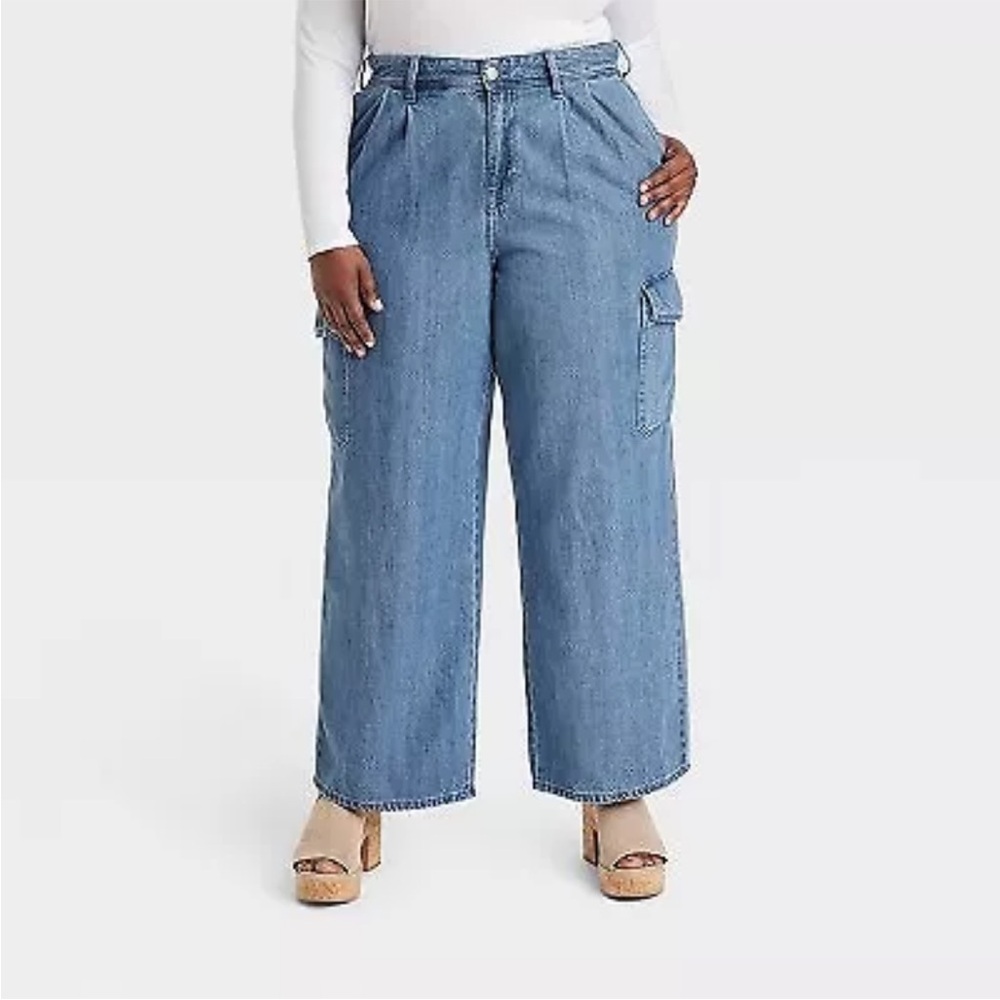 Women's Wide Leg Denim Cargo Trousers - Universal Thread™ Medium Wash 22
